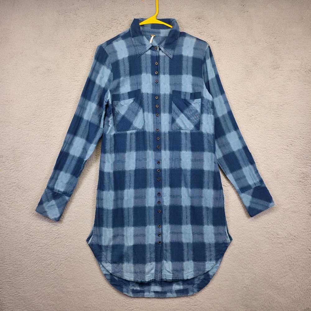 Free People Top Womens S Blue Button Up Blue Plaid Relaxed Boho Tunic Shirt